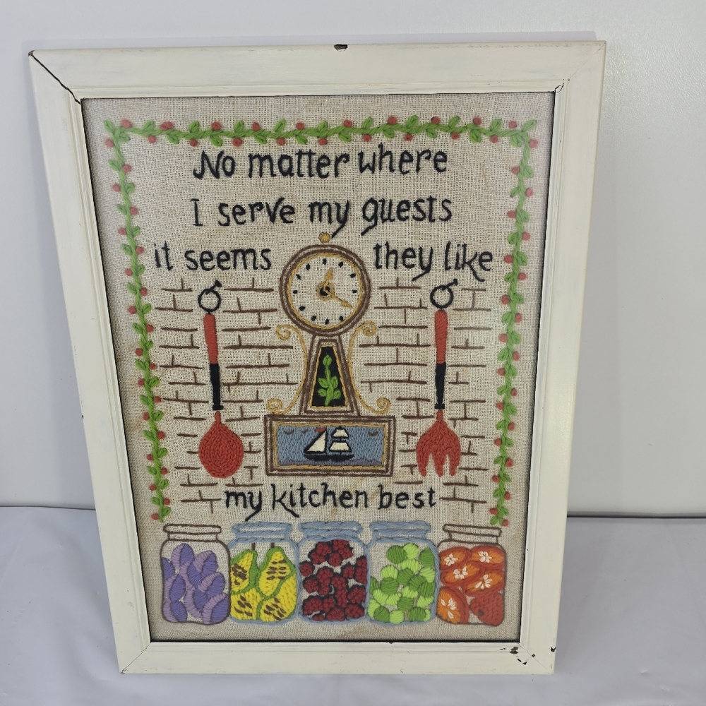 Vintage Framed Crewel Wall Art Kitchen Retro Cottage Farmhouse - Picture 8 of 10